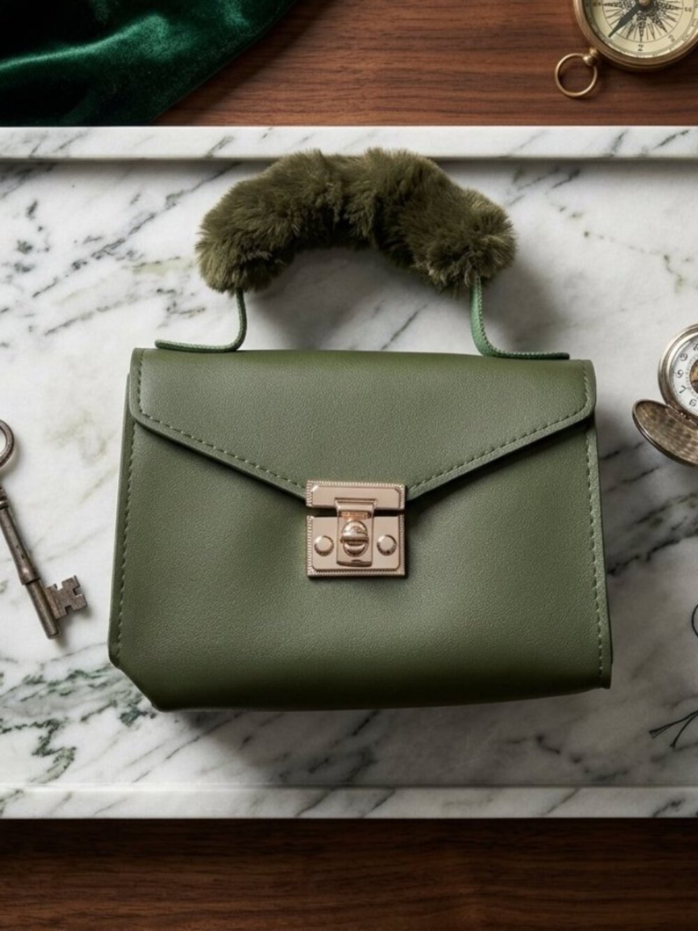 Green Leather Mini Handbag With Faux Fur Handle